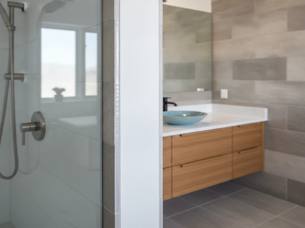 Close-up of a glossy white shower wall panel's vertical corner seam sealed with caulk, next to a frameless glass shower door and a tiled bathroom vanity with a round vessel sink
