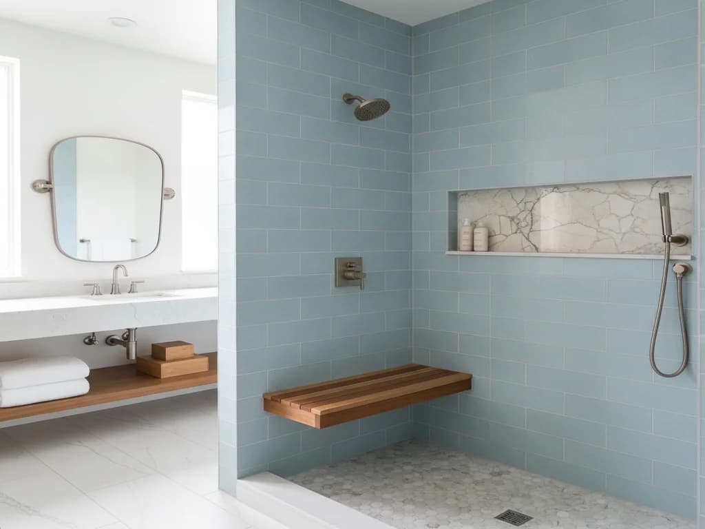 Blue rectangular subway tile shower wall with visible grout lines throughout, a built-in teak bench, a marble-look niche insert, and hexagon marble floor tile