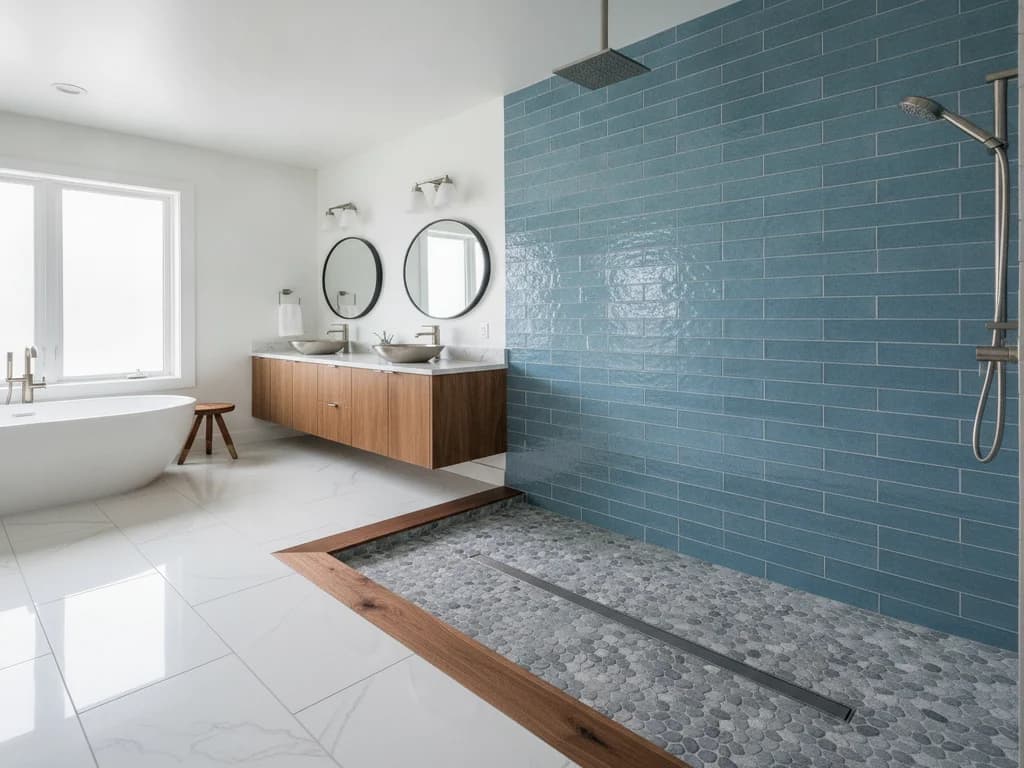 Step-free shower entry where a wood-trimmed floor transitions to a pebble-tile shower floor with a linear drain and no raised curb, beside a soaking tub and window
