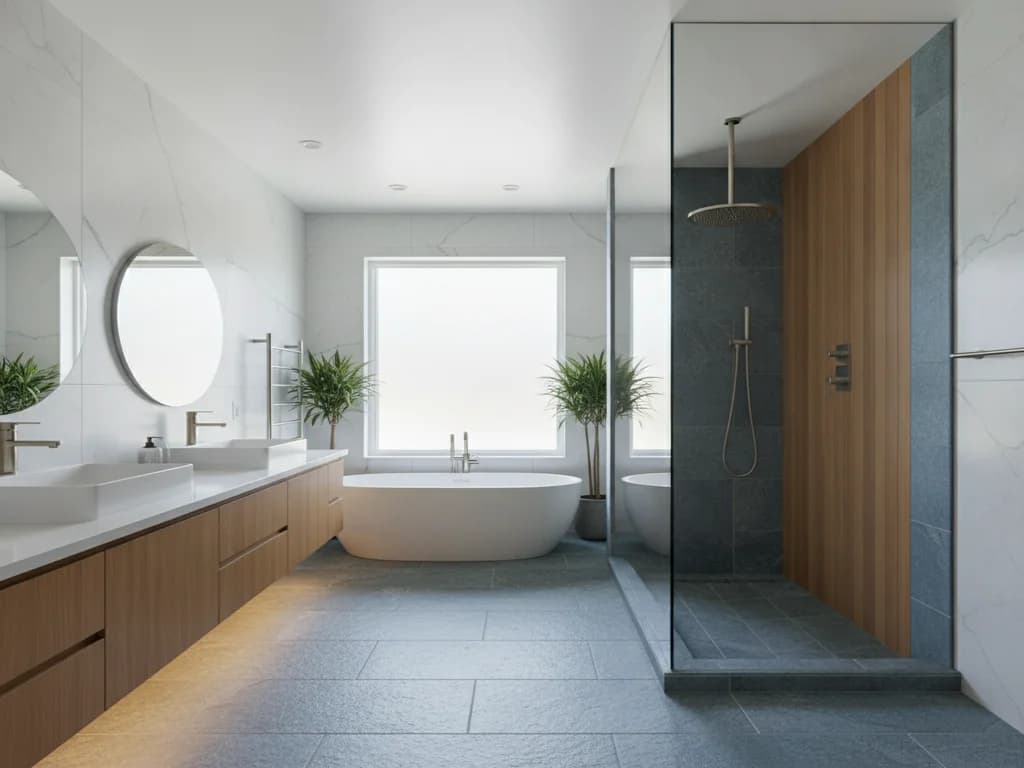 Curbless wet-room shower design concept with frameless glass and rainfall showerhead