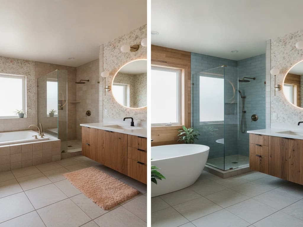 Comparison of a dated bathroom and a refreshed neutral bathroom showing buyer appeal