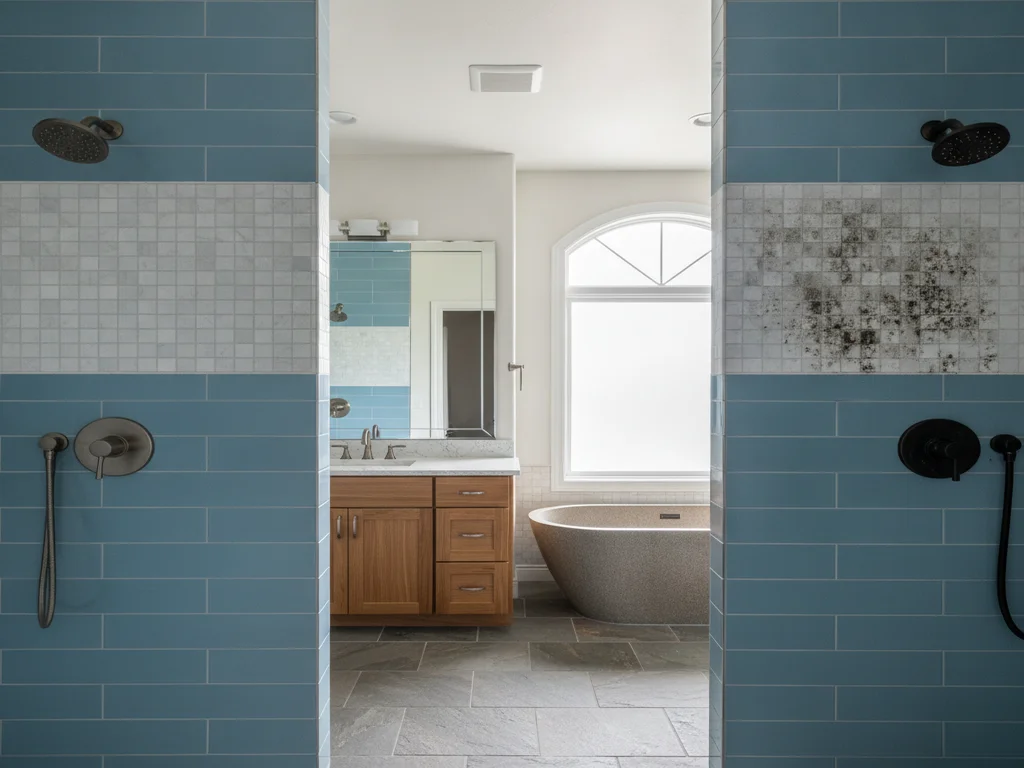 Clean white caulk and grout compared with mildewed grout that turns buyers off
