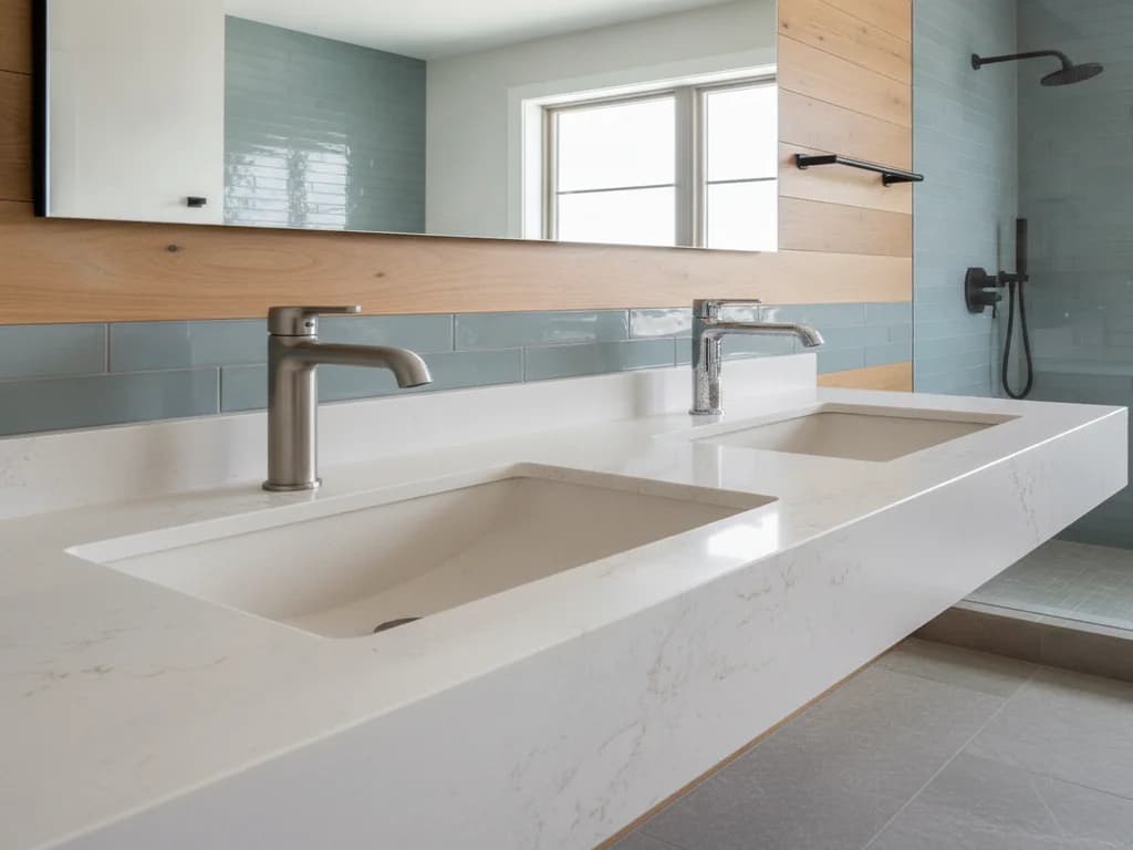 Two different-finish faucets — one satin, one more polished — at a double-sink vanity, with matte black shower fixtures visible in the mirror behind them