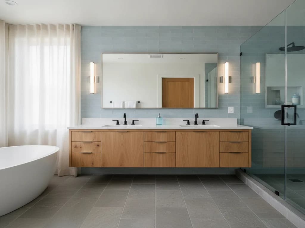 Vanity mirror flanked by vertical sconces providing even, shadow-free task lighting