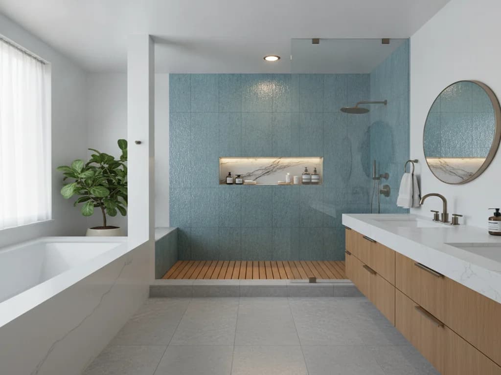 Walk-in shower lit by a wet-rated recessed fixture with a softly illuminated niche