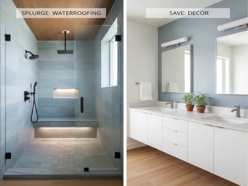 Split image contrasting where to splurge (waterproofing) and where to save (decor) in a bathroom remodel