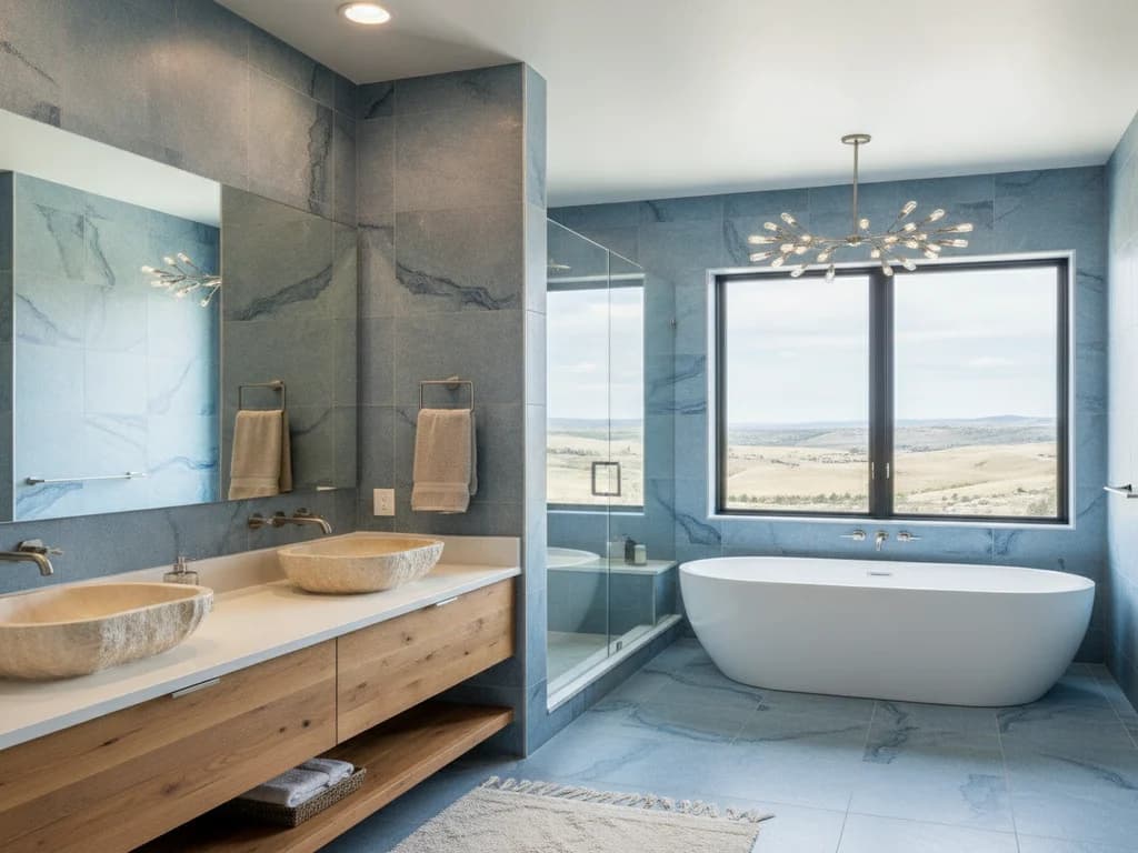 Large-format bathroom tile installation with fewer grout lines to reduce labor