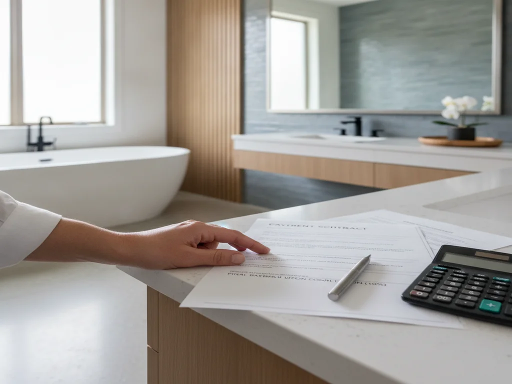 Close-up of a homeowner’s hand pointing to a payment schedule line item on a construction contract next to a pen and calculator