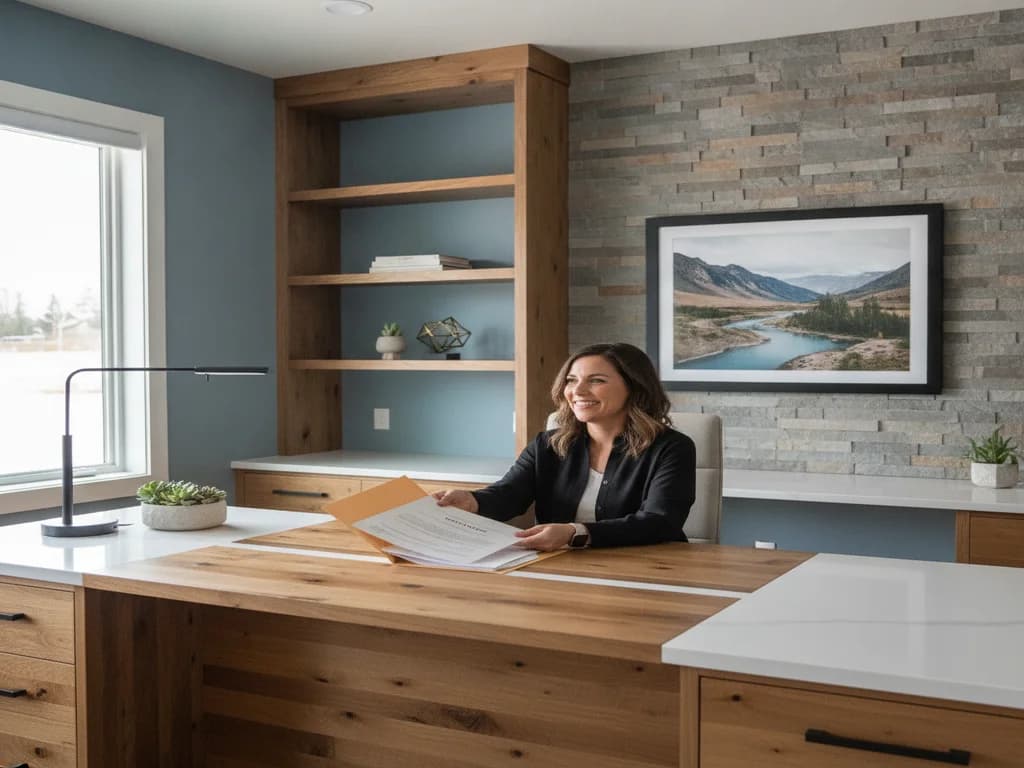 Homeowner smiling while reviewing a folder of bathroom remodel contract paperwork at a home office desk