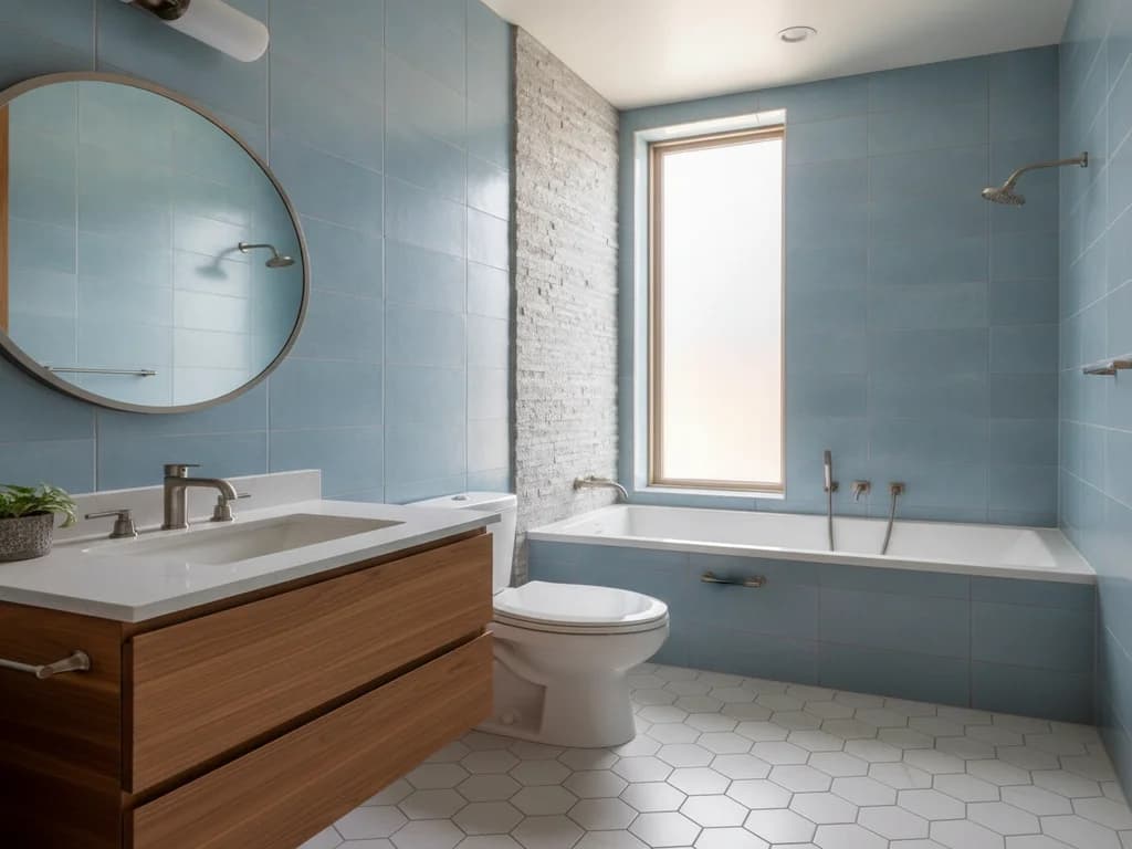 Small compact bathroom with tub, toilet, and vanity close together illustrating a small footprint remodel