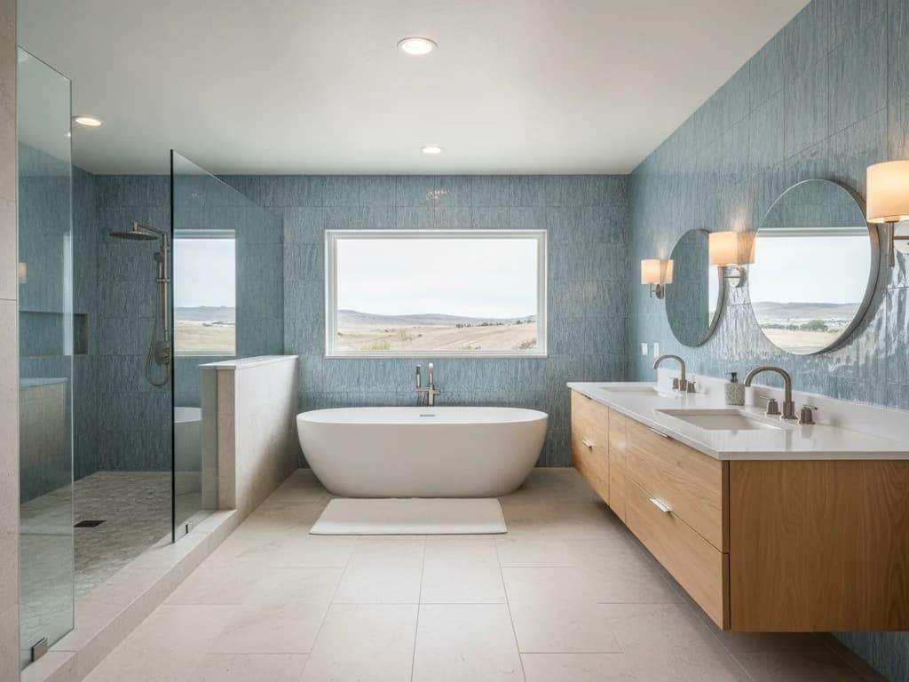 Spacious master bathroom with a double vanity, soaking tub, and large-format tile illustrating a larger remodel footprint