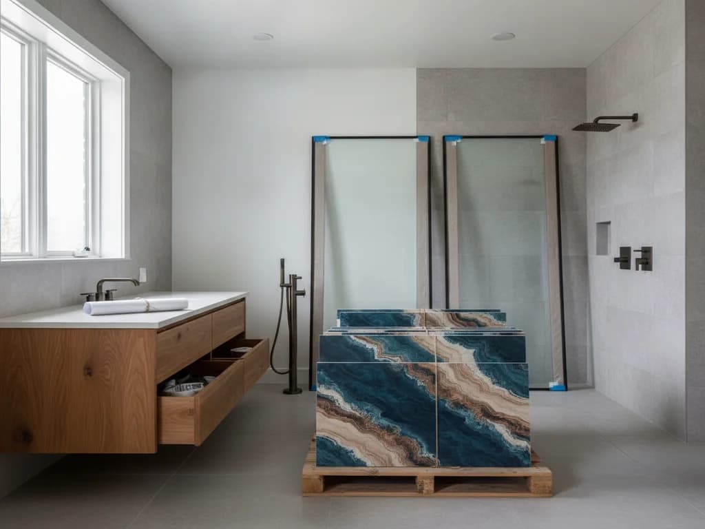 Special-order bathroom tile, vanity, and shower glass staged for delivery