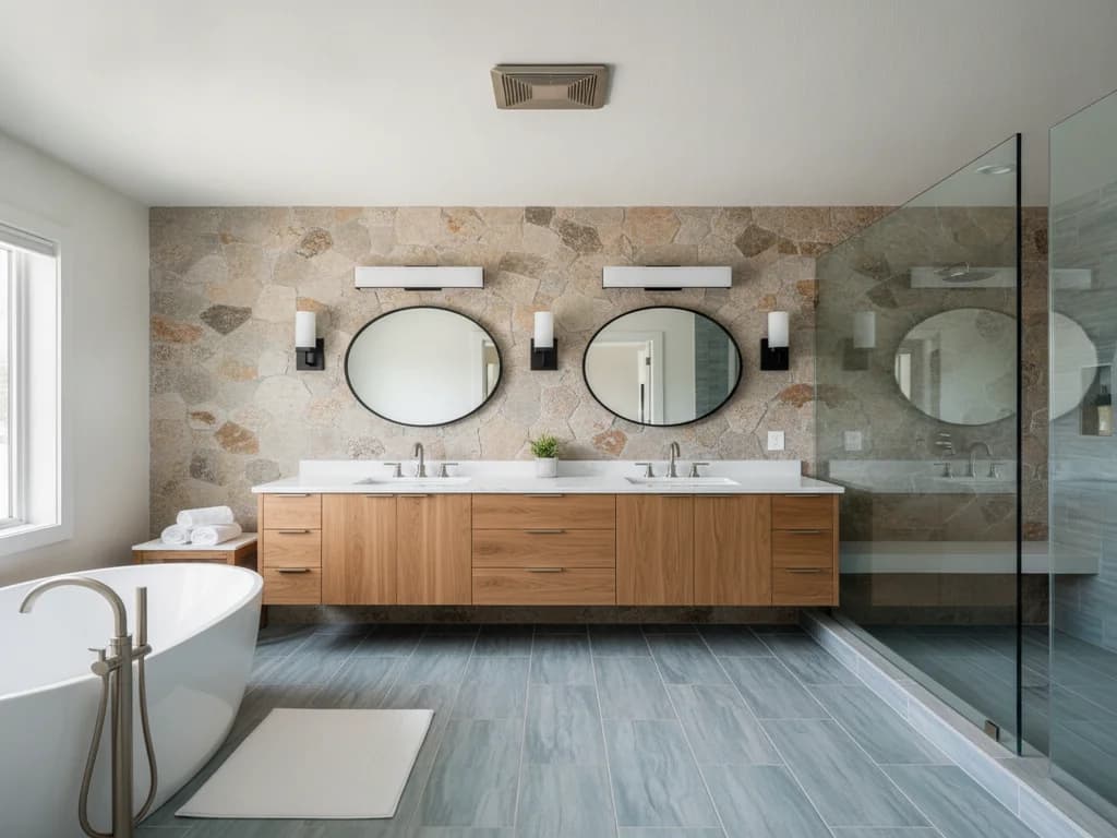 Finished bright bathroom remodel with new tile, vanity, and ceiling exhaust fan after underlying repairs were completed