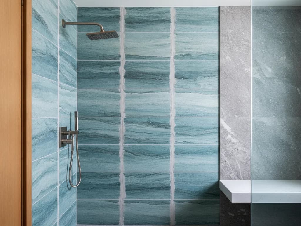 Close-up of large-format porcelain tile installation on a bathroom shower wall with fresh mortar lines