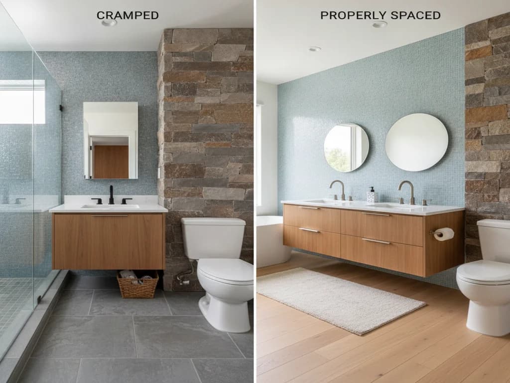 Comparison of cramped versus properly spaced bathroom vanity clearances