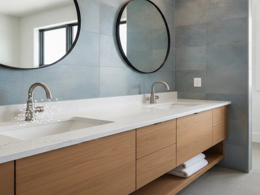 Hard-water spotting on a bathroom fixture finish compared with a spot-resistant finish