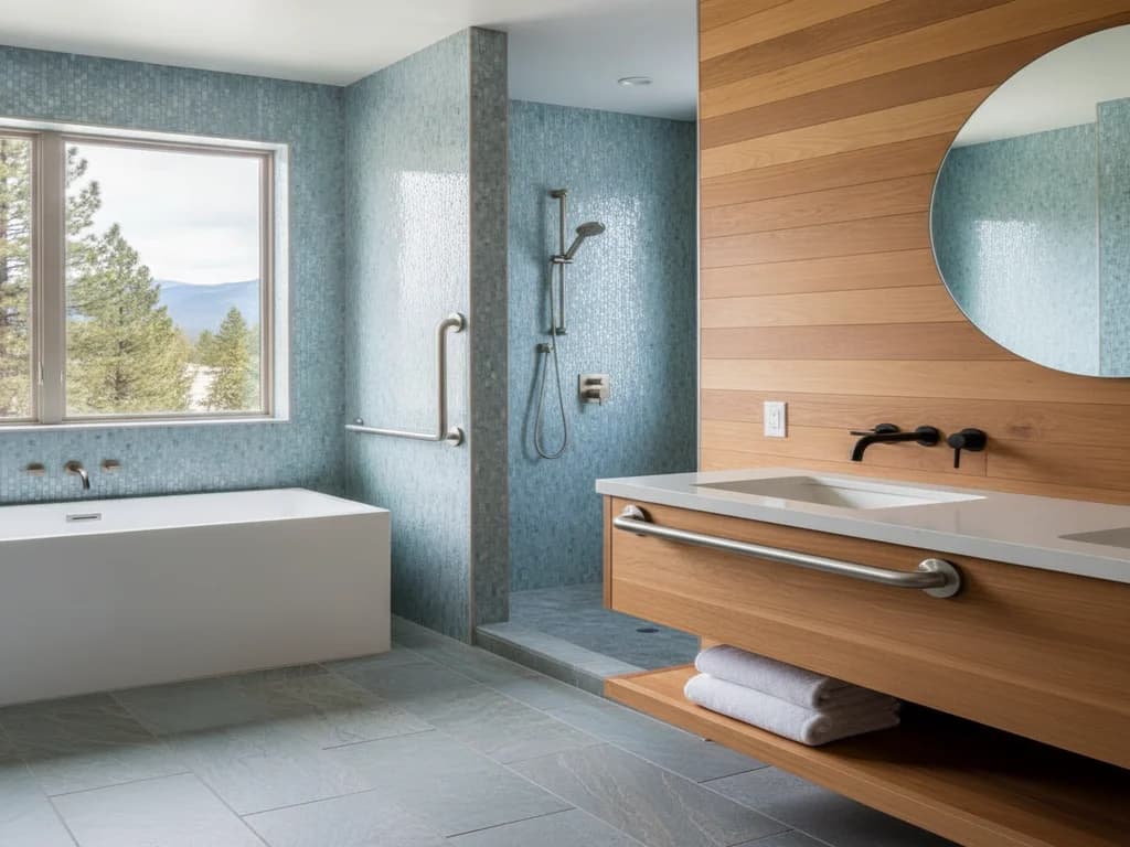 Vertical grab bar mounted on a tiled pony wall between a freestanding tub and a mosaic-tile shower