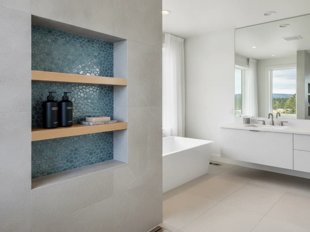 Tiled recessed shower niche built into the wall for bottle and soap storage