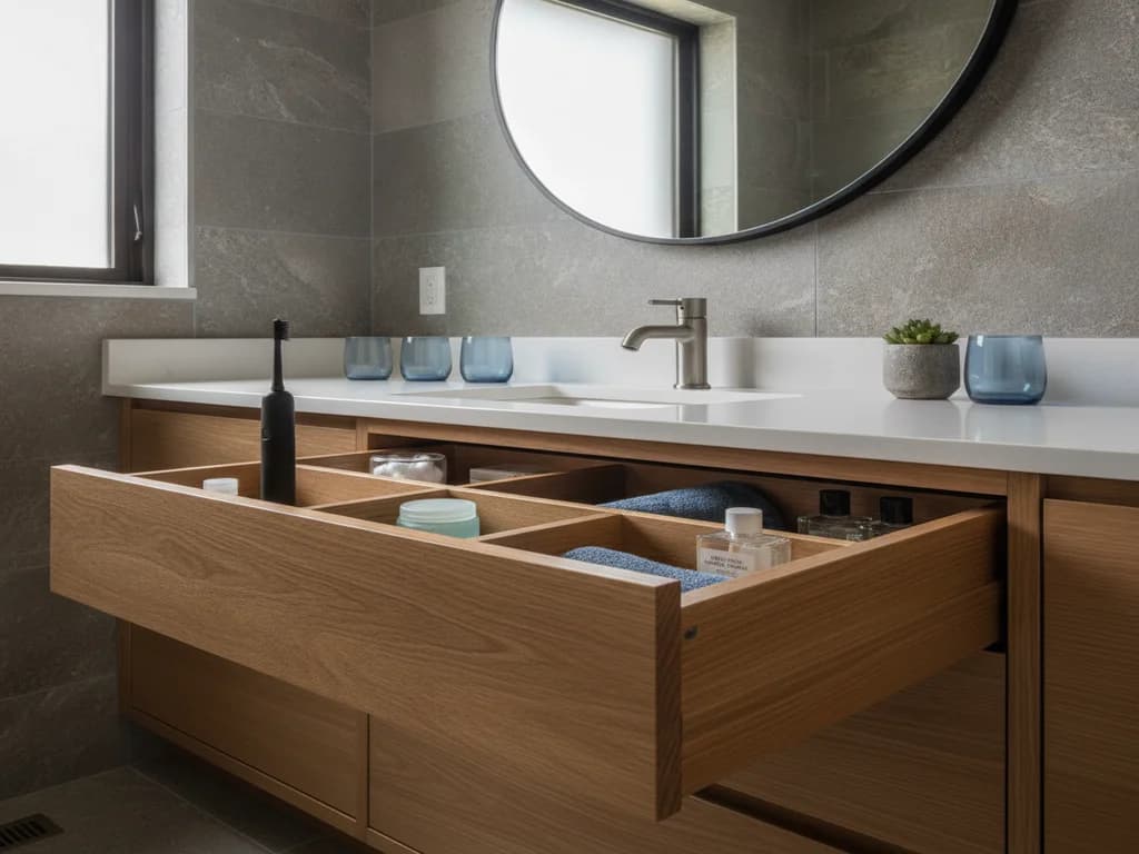 Organized vanity drawer with dividers and a U-shaped cutout around the plumbing