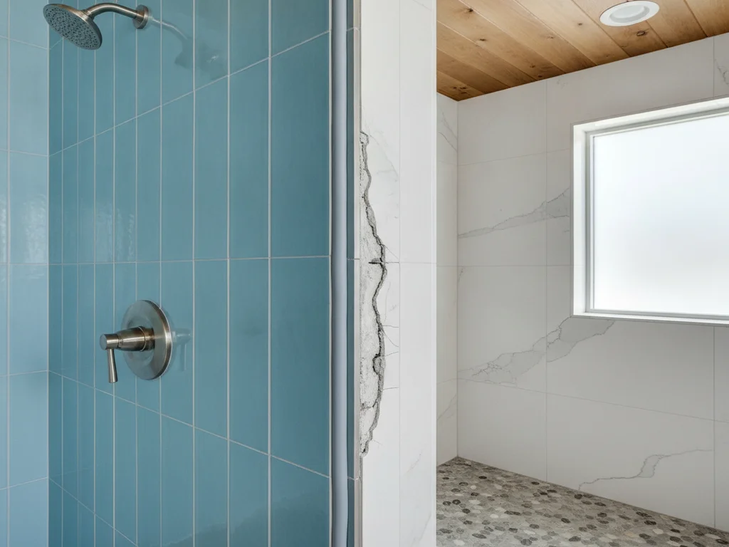 Close-up of a visibly cracked grout or caulk line running along a shower corner where blue tile meets white marble-look tile