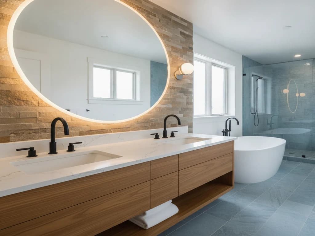 Double vanity with a quartz countertop, large mirror, and layered lighting