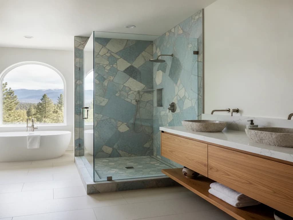 Frameless glass walk-in shower with quality tile creating an open, premium look