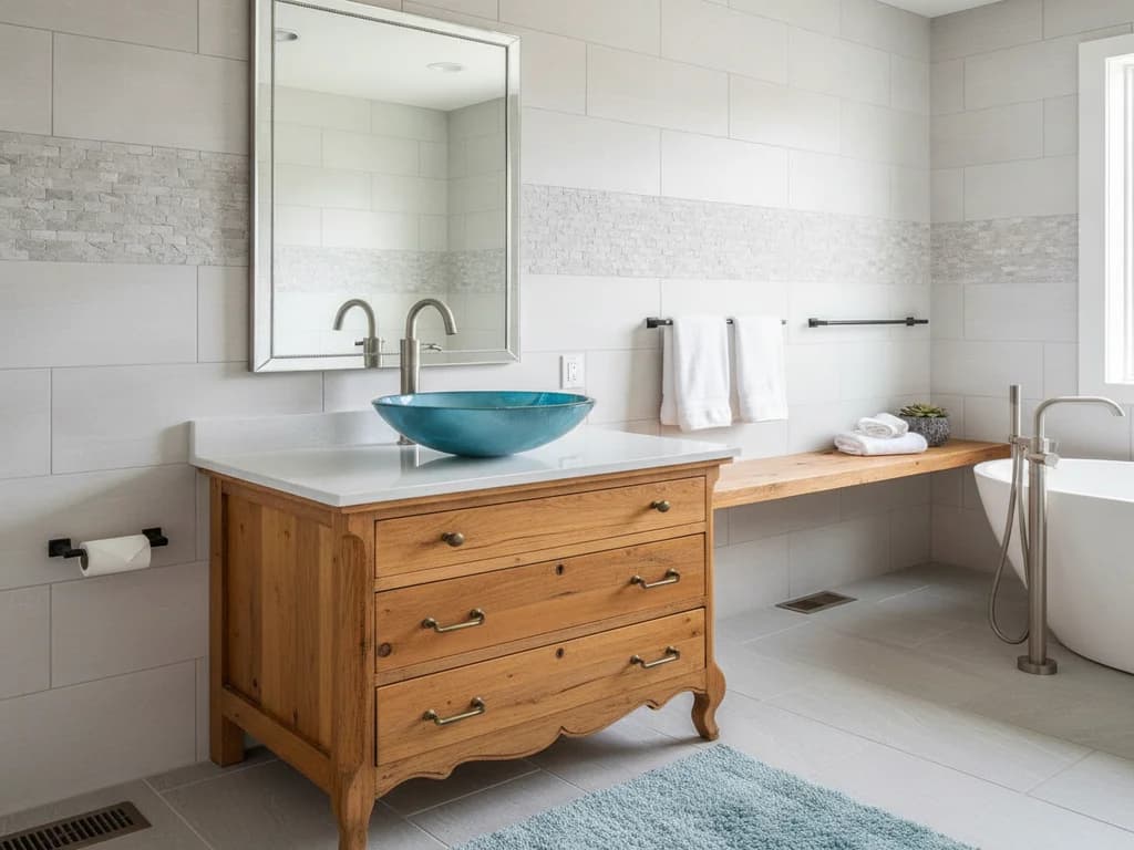 Furniture-style single vanity resembling a dresser, topped with a vessel sink