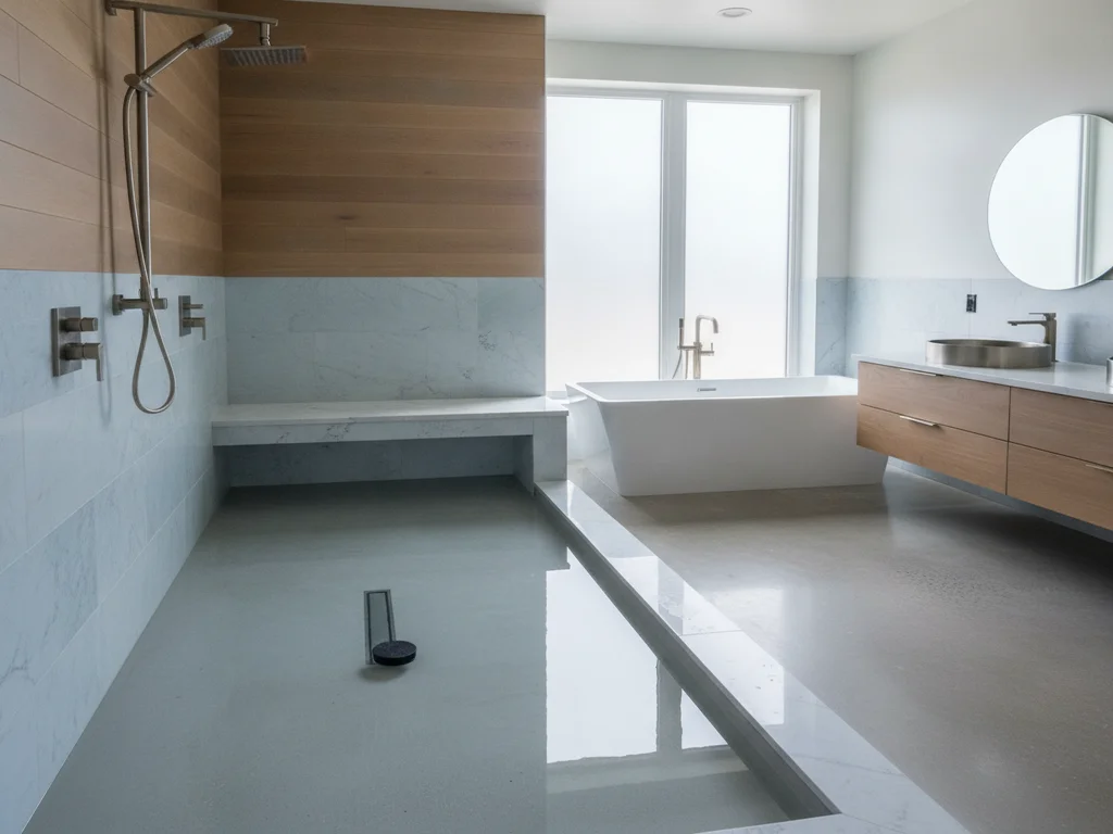 Shower pan flood test with water held above the drain to check for leaks before tiling