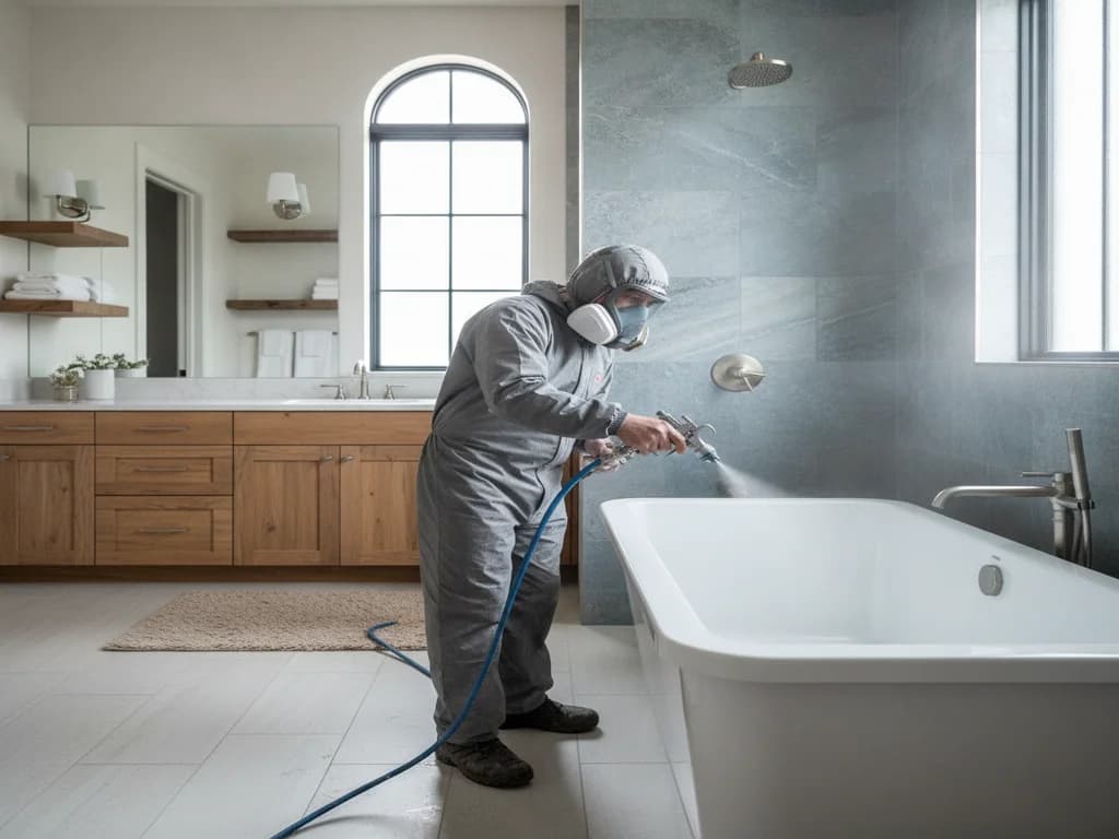 Close-up of a technician in a respirator mask spraying a glossy new coating onto a bathtub surface during a professional refinishing job
