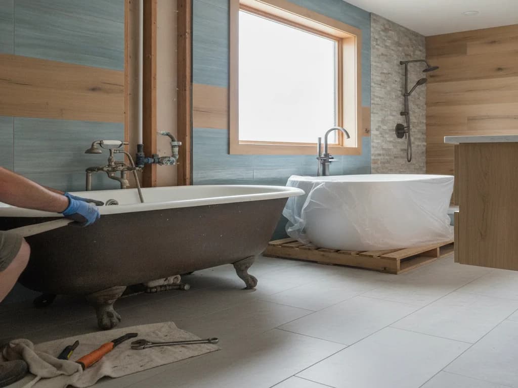 Close-up of a plumber disconnecting drain and supply lines from an old bathtub during a bathroom remodel, with a new tub staged nearby