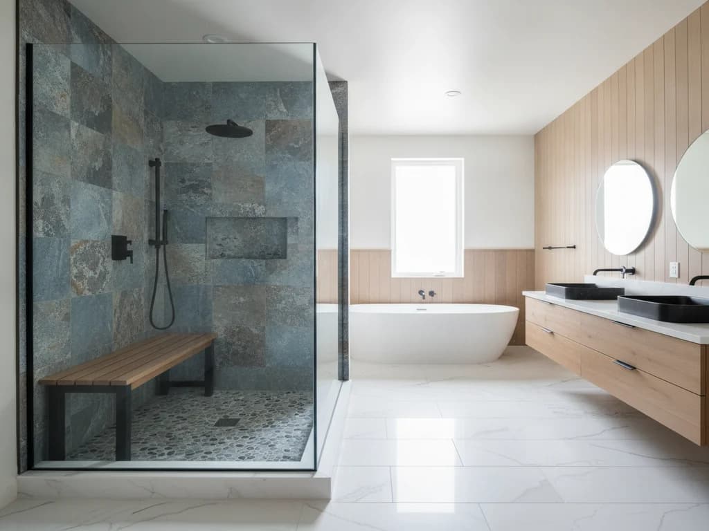 Zero-threshold doorless shower with a frameless glass panel and bench