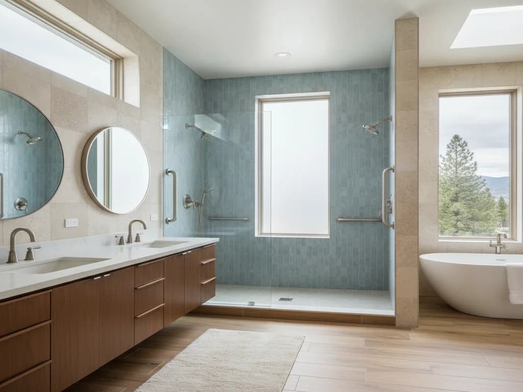 Accessible roll-in curbless shower with designer grab bars