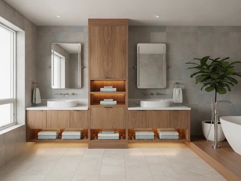 Floating double bathroom vanity in warm wood with a center storage tower dividing two sinks and open shelving below