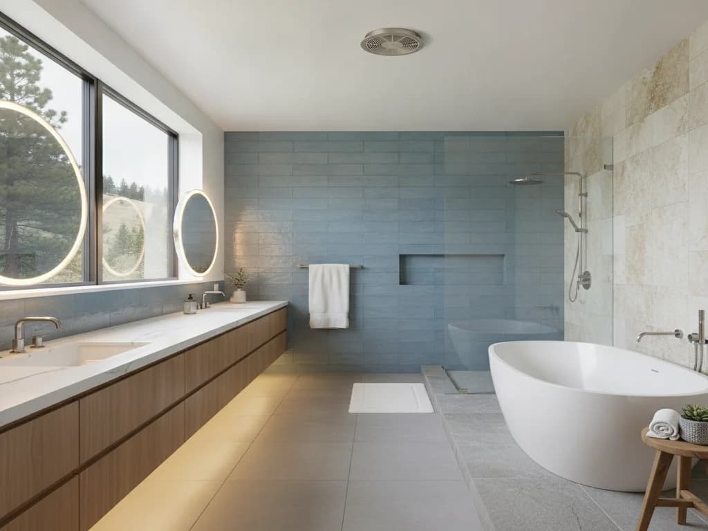 LED vanity lighting and an energy-efficient exhaust fan in a bathroom