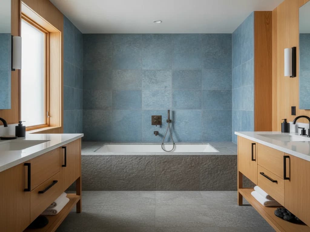 Built-in alcove bathtub recessed between three tiled walls with a wall-mounted tub filler and shower combination