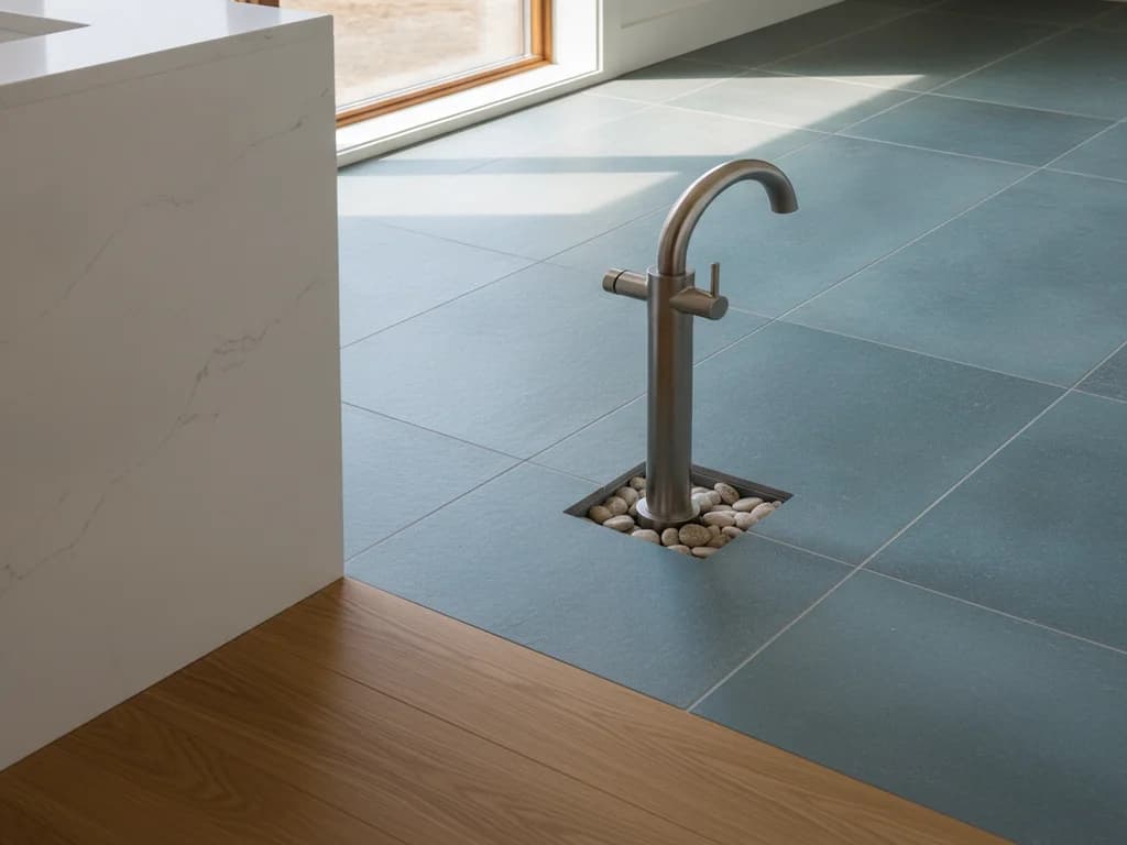 Close-up of a floor-mounted freestanding tub filler faucet plumbing connection rising through a tiled bathroom floor