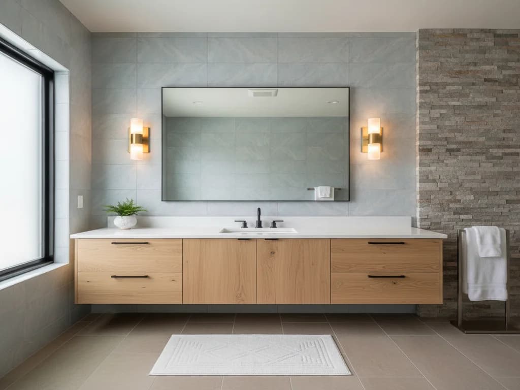 Guest bathroom vanity mirror flanked by warm brass wall sconces with soft layered lighting