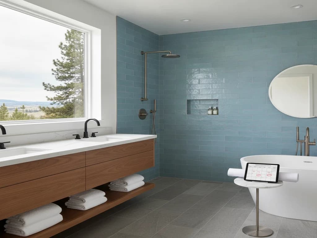 Contractor and homeowner reviewing a printed bathroom remodel schedule with material delivery dates marked on a calendar