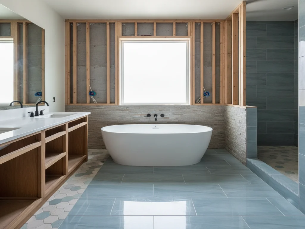 Master bathroom remodel mid-construction with custom tile, a freestanding tub, and framed-in walls awaiting rough-in inspection
