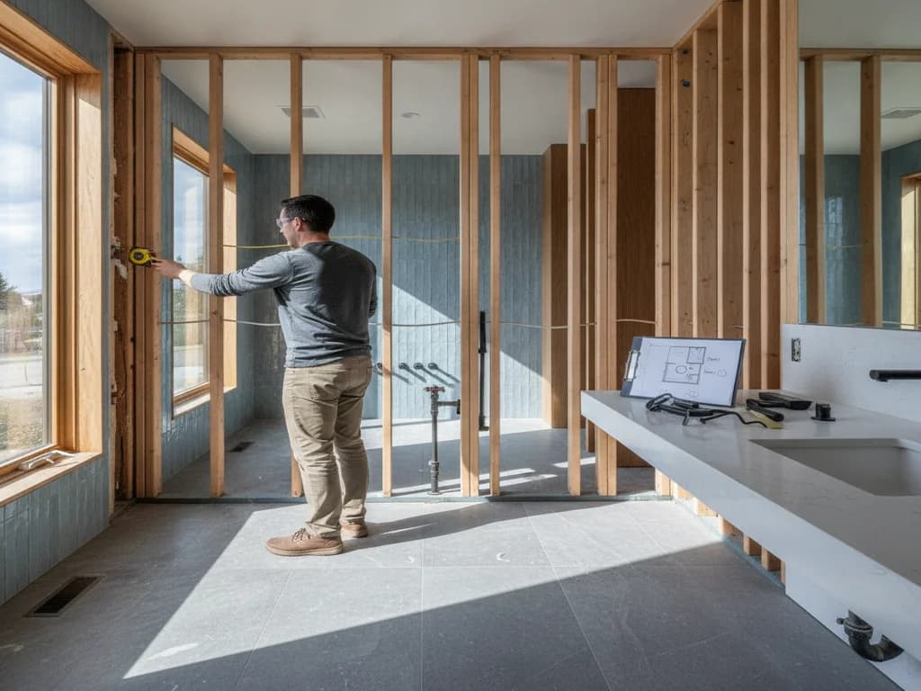 Contractor measuring exposed wall framing with a tape measure beside rough-in plumbing pipes and a floor plan displayed on a tablet