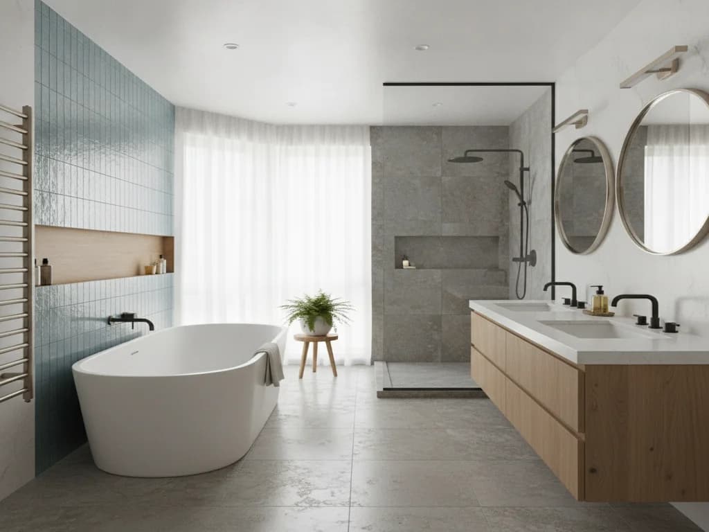 Finished modern bathroom with a freestanding tub, curbless walk-in shower, double vanity with round mirrors, and a blue vertical-tile accent wall