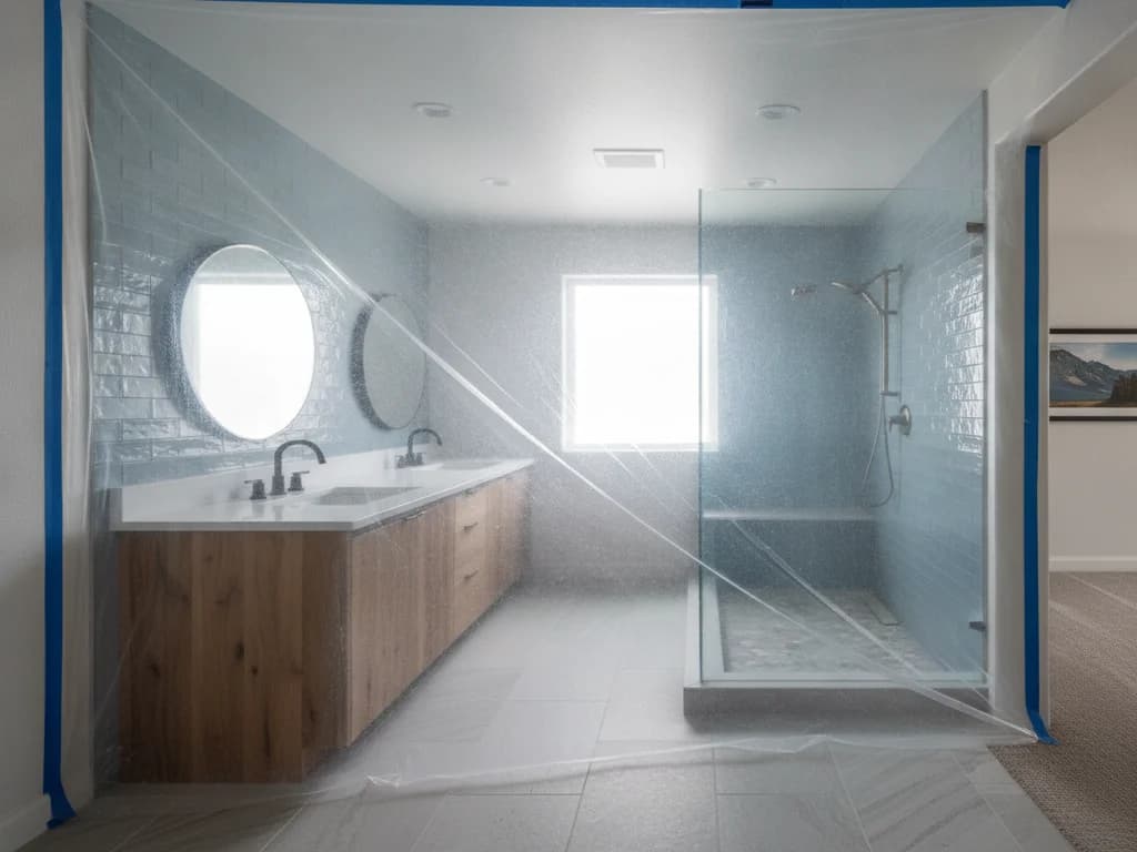 Clear plastic sheeting barrier taped over a hallway doorway to contain construction dust from a bathroom remodel