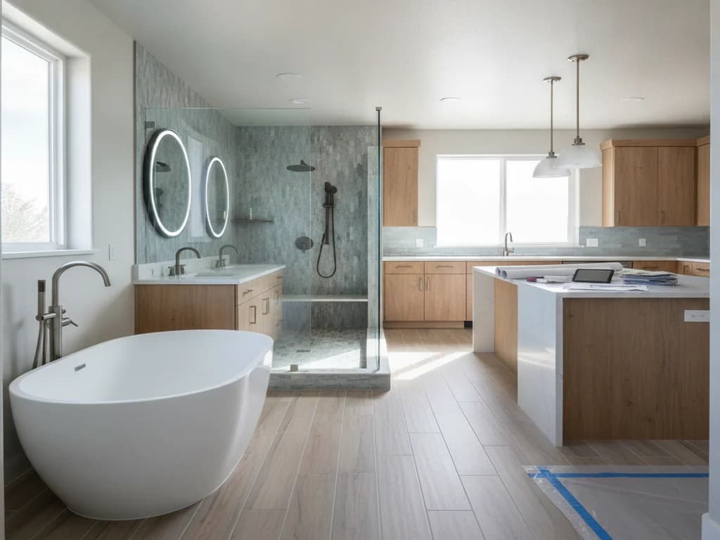 Homeowner and contractor reviewing a written daily schedule and work-hours agreement in a kitchen near a bathroom under renovation