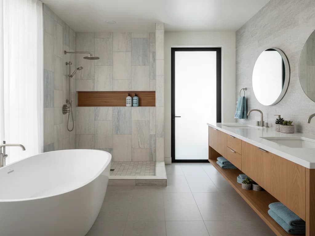 Master bathroom design concept with a curbless walk-in shower, large-format stone-look tile, and a separate water closet door