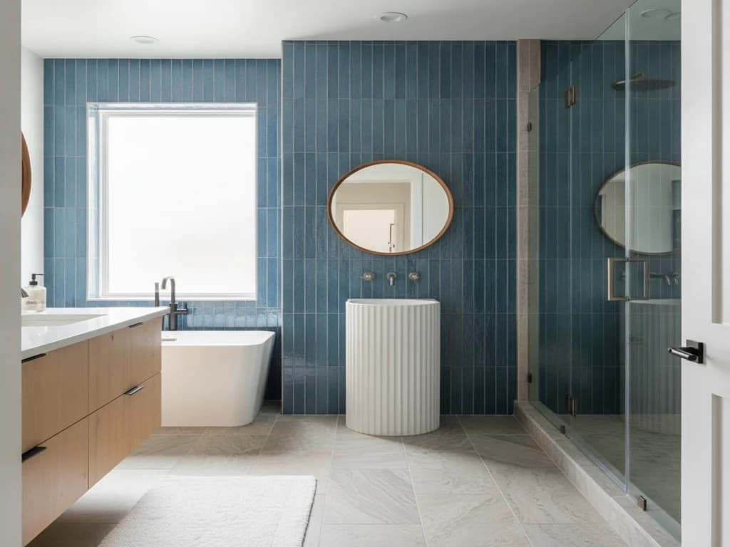 Glazed ceramic subway tile in a vertical stack pattern on a bathroom accent wall above a pedestal sink