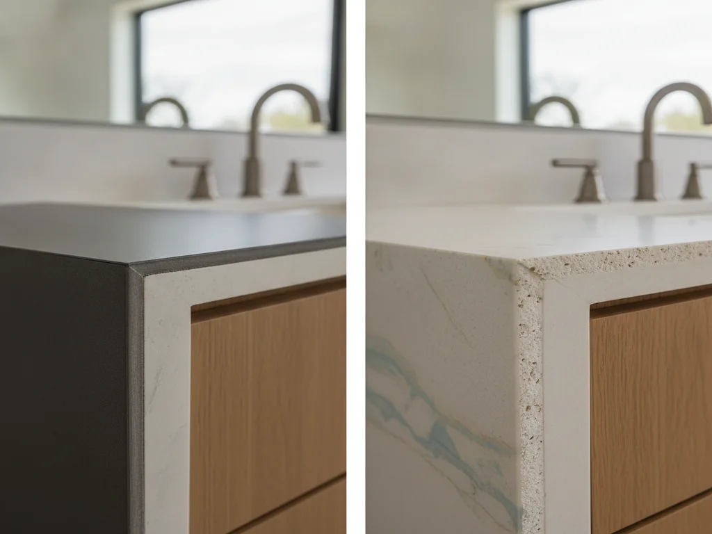 Side-by-side cross-section detail comparing a dense gray porcelain tile edge and a lighter, more porous ceramic tile edge
