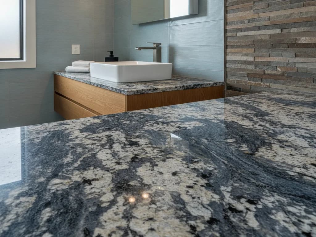 Close-up of a polished granite bathroom countertop slab showing natural mineral veining and speckled texture
