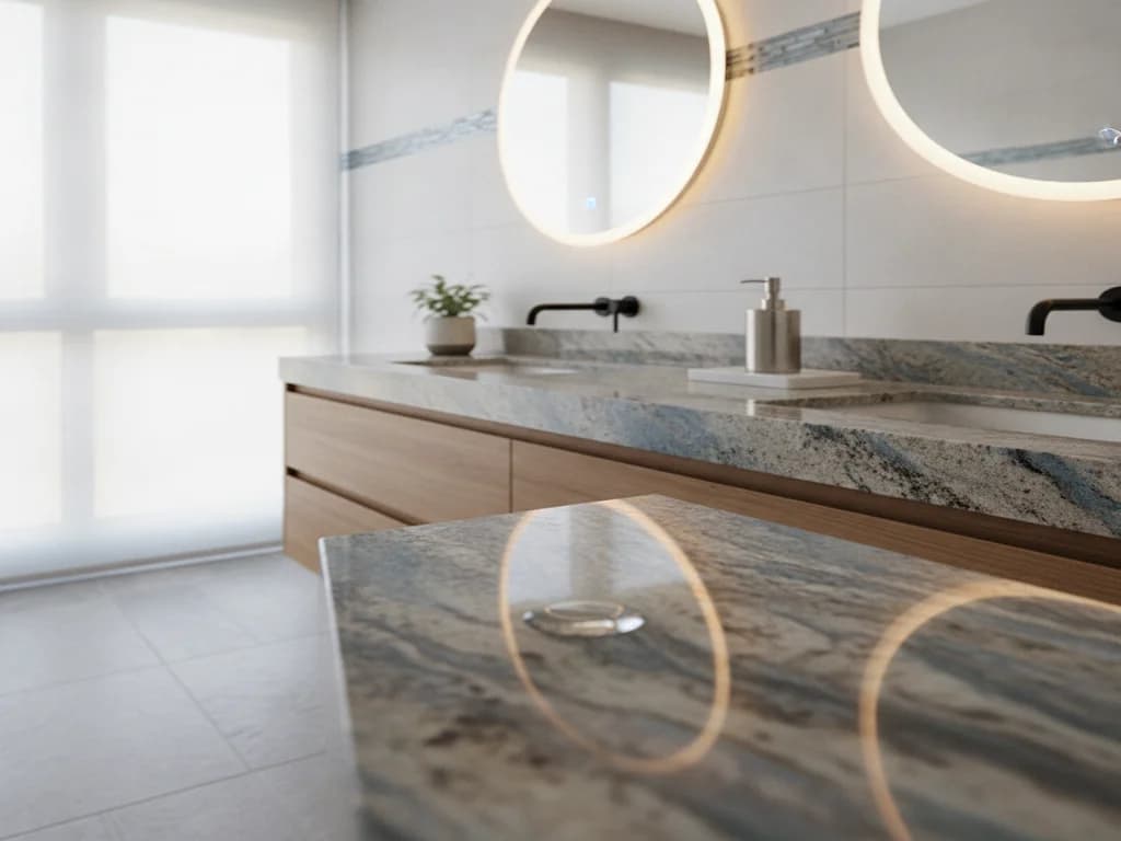 Bathroom vanity with a water droplet beading on a sealed granite countertop surface next to a soap dispenser