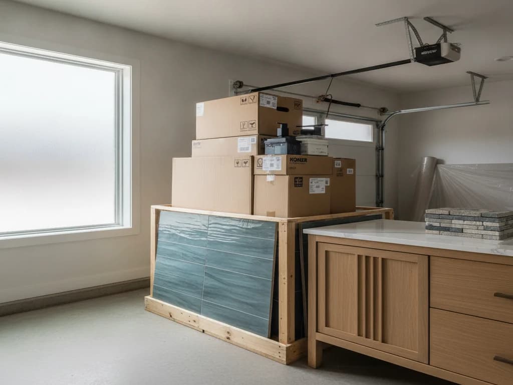 Stack of boxed bathroom fixtures, tile, and a vanity staged in a garage ahead of a scheduled demolition start date