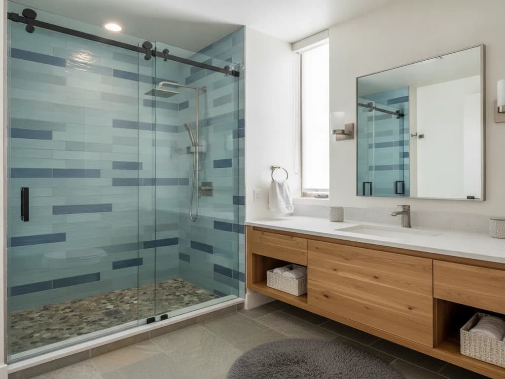 Sliding bypass shower doors in a small bathroom